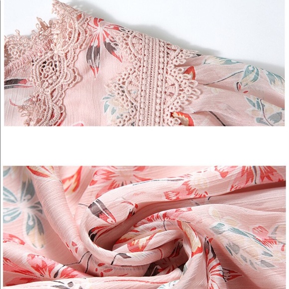 ✨SOLD✨ Lai Meng Five Cats Midi chiffon Dress Pink Flower Floral Elegant V neck - Picture 5 of 10